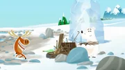 Grumpel und Hubert wollen eine Eisfigur für die Waldame Wiebke machen. Damit sie das Werk nicht zu früh sieht, sammeln sie am Strand Material für einen Vorhang.