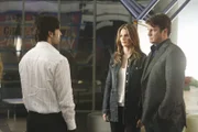 Anfangs verdächtigen Richard Castle (Nathan Fillion, r.) und Kate Beckett (Stana Katic, M.) den zwielichtigen Finanzier Beau Randolph (Jordan Belfi, l.), des Mordes ...