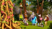 Die Tiere bestaunen die Schlingpflanze, die nach Frau Emiliy (Elefant), benannt wurde.