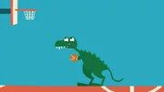 Der T-Rex versucht den Korb zu treffen.