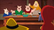 Die drei kleinen Schweinchen zu Hause bei ihrer Mutter.