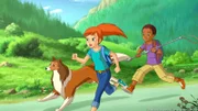 Zoe, Harvey und Lassie versuchen das ausgerissene Hirschkalb wieder einzufangen.