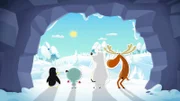 Endlich ist der Schneesturm vorbei. Da können die Freunde nun von einem Höhleneingang aus auf eine wunderschön verschneite Landschaft schauen.