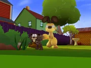 Odie geht auf Eichh&ouml;rnchenjagd. Das endet regelm&auml;&szlig;ig damit, dass Odie von den cleveren Eichh&ouml;rnchen fertig gemacht wird.