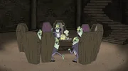 Mitte, l-r: SpongeBob, Squidward