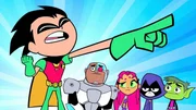 v.li.: Robin, Cyborg, Starfire, Raven, Beast Boy