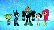 v.li.: Beast Boy, Robin, Cyborg, Raven, Starfire