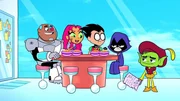 v.li.: Cyborg, Starfire, Robin, Raven, Beast Boy
