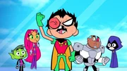 v.li.: Beast Boy, Starfire, Robin, Cyborg, Raven