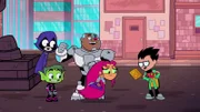 v.li.: Raven, Beast Boy, Cyborg, Starfire, Robin