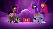v.li.: Robin, Dracula, Beast Boy, Love, Raven, Cyborg, Starfire