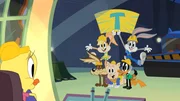 V.li.: Tweety, Wile E. Coyote, Lola Bunny, Porky Pig, Daffy Duck, Bugs Bunny