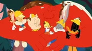 v.li.: Lola Bunny, Porky Pig, Tweety, Gossamer, Bugs Bunny, Daffy Duck