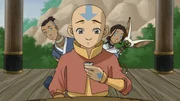 L-R: Sokka, Aang, Katara, Momo