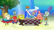 v.li.: Mrs. Puff, Mr. Krabs, SpongeBob, Sandy, Patrick, Squidward