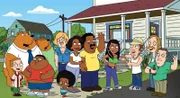 Left to right: Ernie Krinklesac, Tim the Bear, Cleveland, Jr., Arianna the Bear, Terry Kimple, Rallo Tubbs, Donna Tubbs, Cleveland Brown, Roberta Tubbs, Federline Jones, Lester Krinklesac, and Holt Richter.