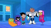 v.li.: Beast Boy, Raven, Robin, Cyborg, Starfire