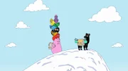 Rechts: Barbamama. Links, von oben nach unten: Barbabelle, Barbazoo, Barbalala, Barbabravo, Barbabo, Barbasophie, Barbapapa.