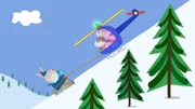 Frau Mümmel und Familie Wutz (re.) haben Opi Mümmel (li.) mit einem Hubschrauber von einem schneebedeckten Berg gerettet, nachdem er mit seinem Raketenrucksack hoch hinaus schoss und dort feststeckte.