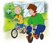 Um den traurigen Caillou wieder aufzumuntern, setzt sich Papi auf das Dreirad von Rosie. Ein lustiger Anblick.