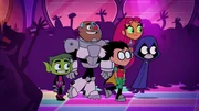 v.li.: Beast Boy, Cyborg, Robin, Starfire, Raven.