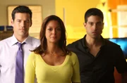 (v.l.n.r.) Det. Jesse Cardoza (Eddie Cibrian); Natalia Boa Vista (Eva LaRue); Det. Eric Delko (Adam Rodriguez)