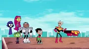 v.li.: Raven, Starfire, Beast Boy, Cyborg, Robin, Brother Blood