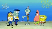 Squidward (m.), Patrick (2.v.r.), SpongeBob (r.).