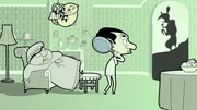 Mrs. Bean sieht einen riesigen Schatten an der Wand von Mrs. Wickets Wohnzimmer.