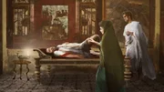 Ein computergeneriertes 2D-Bild zeigt Agrippina und Nero am Sterbebett von Kaiser Claudius.