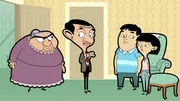 First and second from the left: Mrs. Wicket (voiced by Sally Grace), Mr. Bean (voiced by Rowan Atkinson)