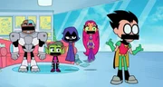 v.li.: Cyborg, Beast Boy, Raven, Starfire, Robin