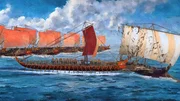 2D CGI einer Liburna, die ein feindliches Schiff rammt.