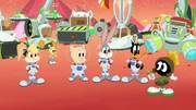 v.li.: Lola Bunny, Tweety, Porky Pig, Bugs Bunny, Daffy Duck, Marvin the Martian