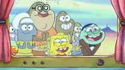 Bubble Bass (3.v.l.), SpongeBob (m.), Slappy Laszlo (r.)