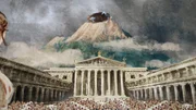2D-CGI des Ausbruchs des Vesuvs über Pompeji in Pompeji, Italien.