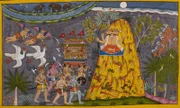 R5140A Ravana besucht den Mond. Ravana steigt immer höher und reist an der Quelle des Ganges vorbei, wo sich Elefanten in den heiligen Wassern tummeln, die in der linken Ecke dargestellt sind. Auf der linken Seite sind zwei Garudas und zwei Vögel abgebildet, die in die Luft fliegen und auf die Bereiche hinweisen, die Ravana durchquert. Der Mond ist symbolisch auf der rechten Seite dargestellt und der stahlgraue Hintergrund zeigt das eisige Wetter auf dem Mond. Brahma schreitet ein und bittet Ravana, umzukehren. Ramayana. Udaipur, 1653. Quelle: Add. 15297(2), f.48. Sprache: Sanskrit.