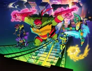 L-R: April O'Neil, Donatello, Raphael, Leonardo, Michelangelo