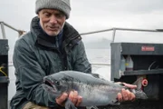 Medium landscape shot of Jeremy Wade holding and looking at a Coho salmon on a fishing boat. Location: Port Fidalgo, Prince William Sound, Alaska