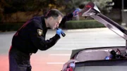 Der Polizist inspiziert das Auto