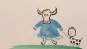 Die Bilderbuchillustratoren Jutta Bauer und Ole Könnecke zeichnen eine Kuh mit einem blauen Kleid.