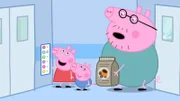 Papa Wutz (re.) muss einen Sack Zement einkaufen, Peppa (li.) und Schorsch (mi.) begleiten ihn.