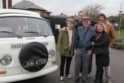 Richmond School, Richmond, UK - Close up of presenters Tim Shaw and Fuzz Townshend posing with owner Brian Defty and nominators Jack Harrild and Coleen Harrild beside the finished VW Camper after it has been revealed.