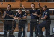 L-R: Bobby Nash (Peter Krause), Evan 'Buck' Buckley (Oliver Stark), Eddie Diaz (Ryan Guzman) and Henrietta 'Hen' Wilson (Aisha Hinds).
