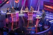 Moderator Florian Weber (rechts) überprüft im Wissensquiz „Meister des Alltags“ die Alltagstauglichkeit seiner prominenten Kandidaten (v. li.): Enie van de Meiklokjes, Bodo Bach, Alice Hoffmann, Dennis Wilms