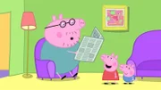 Peppa (mi.) und Schorsch (re.) haben Spaß an dem Suchspiel mit Papa Wutz (li.). Sie müssen etwas zum Schreiben, etwas Quadratisches und etwas Quiekendes finden.