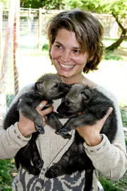Friederike Range mit zwei Babywölfen.