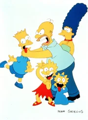 (1. Staffel) - Die Familie Simpson in Aktion: Bart (l.) hat wieder seinem Vater Homer (M.) den letzten Nerv geraubt. Marge (r.), Lisa (2.v.l.) und Maggie (2.v.r.) überrascht das nicht.
