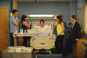 Während Marshall (Jason Segel, l.), Barney (Neil Patrick Harris, r.), Lily (Alyson Hannigan, 2.v.l.) und Robin (Cobie Smulders, 2.v.r.) mit ihrer Überraschungsparty für Ted (Josh Radnor, M.) auf dem Dach auf das Geburtstagskind warten, wird dieser von einer Ziege angefallen - und ins Krankenhaus eingeliefert ...