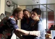 On left: Mick Brisgau (Henning Baum), in the middle Gabi Kringge (Sonja Kirchberger) and on right Andreas Kringge (Maximilian Grill).